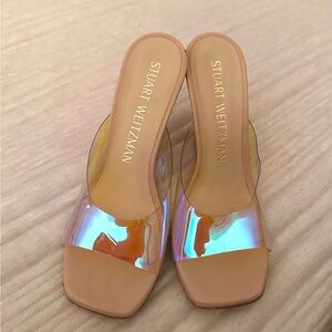 Stuart Weitzman Holographic Clear Strap Mules